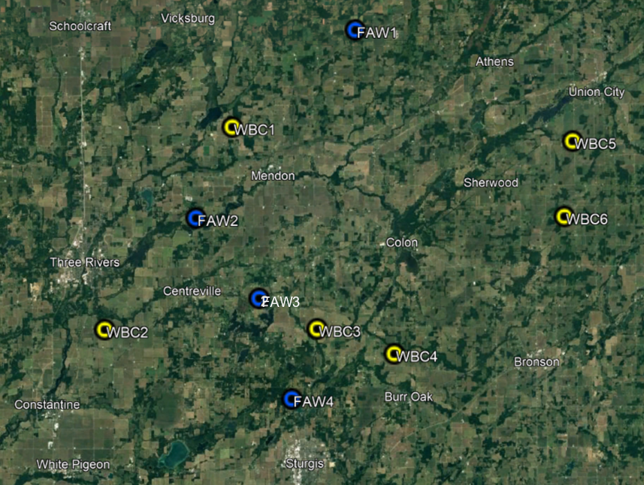 Locations of western bean cutworm (yellow) and fall armyworm (blue) traps in Kalamazoo, St. Joseph and Branch counties for 2022.